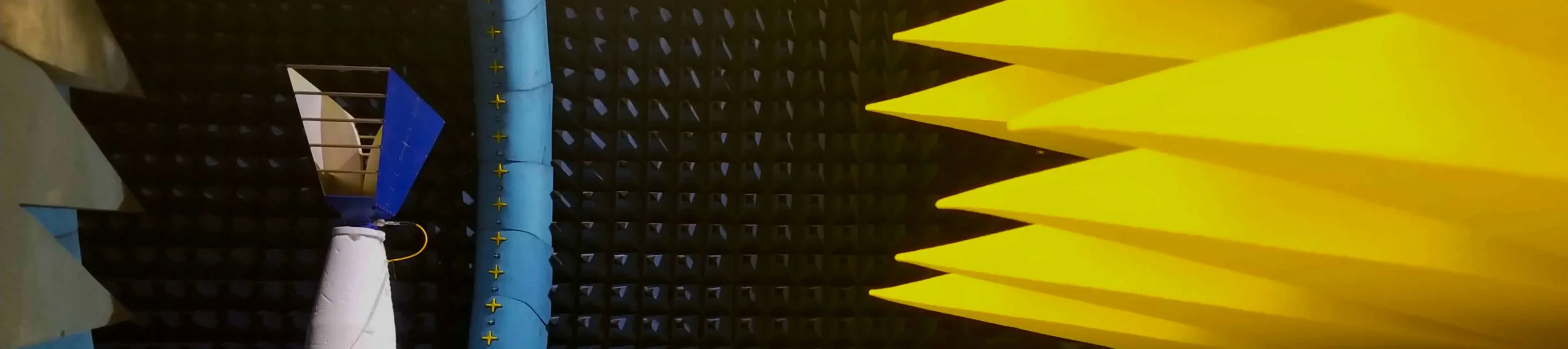 RF Anechoic chamber used for radiated measurements of wireless devices to ascertain antenna efficiencies, total radiated power and total isotropic sensitivity